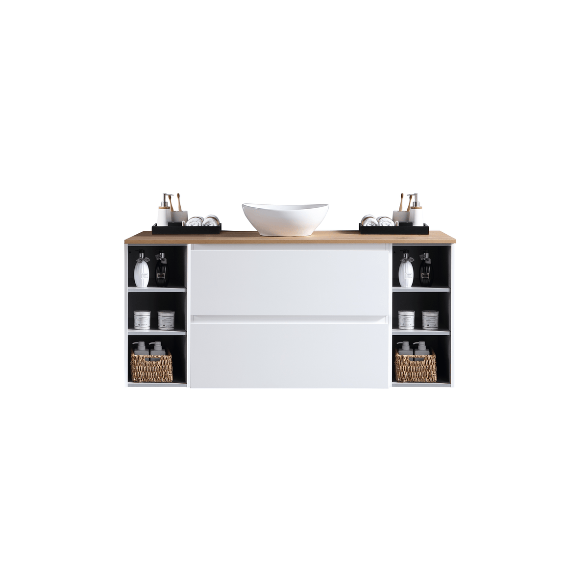 MELA CLARK 1200 Wall Hung Vanity with 2 Drawers & Dual Side Shelves in Gloss White