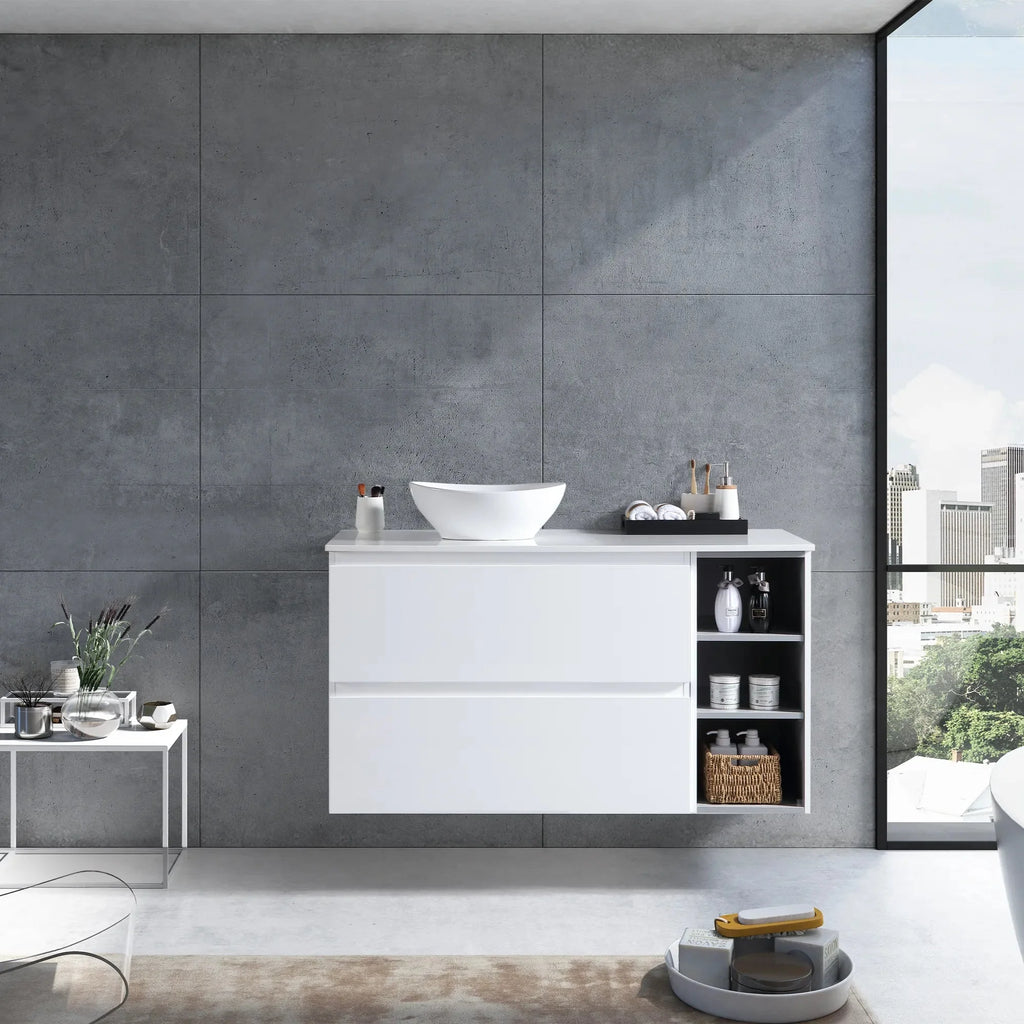 MELA CLARK 1200 Wall Hung Vanity with 2 Drawers & Single Side Shelves in Gloss White, view 2