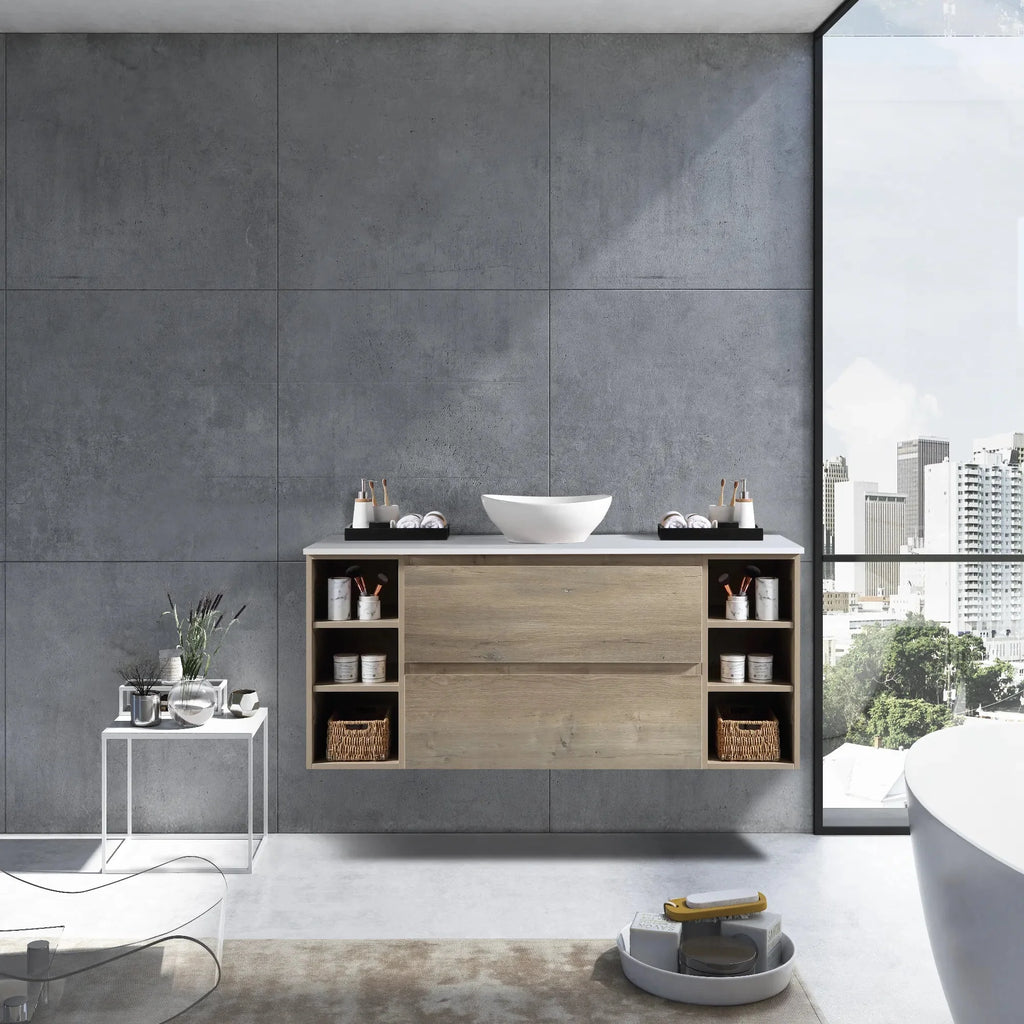 MELA CLARK 1500 Wall Hung Vanity with 2 Drawers & 2 Open Shelves in Sorrento Oak, view 2