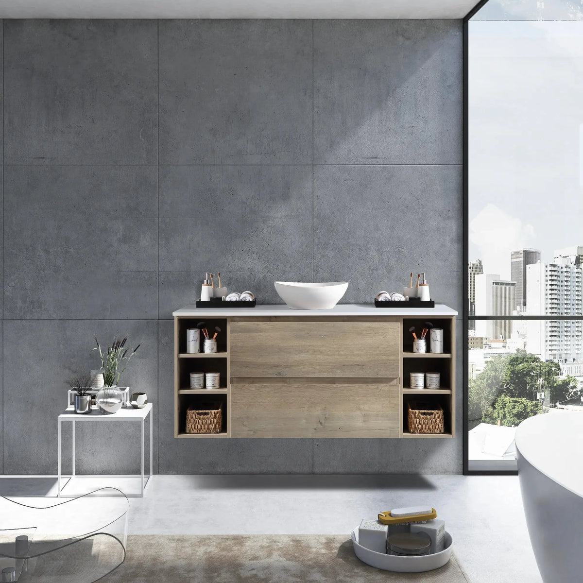 MELA CLARK 1500 Wall Hung Vanity with 2 Drawers & 2 Open Shelves in Sorrento Oak, view 2