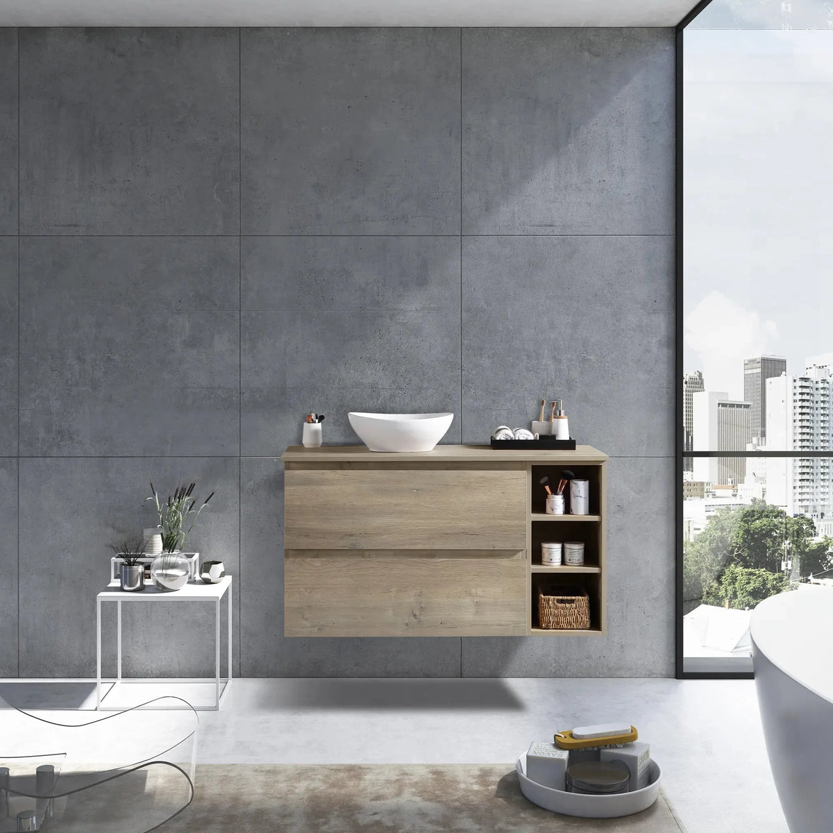 MELA CLARK 1200 Wall Hung Vanity with 2 Drawers & Open Shelves in Sorrento Oak, view 2