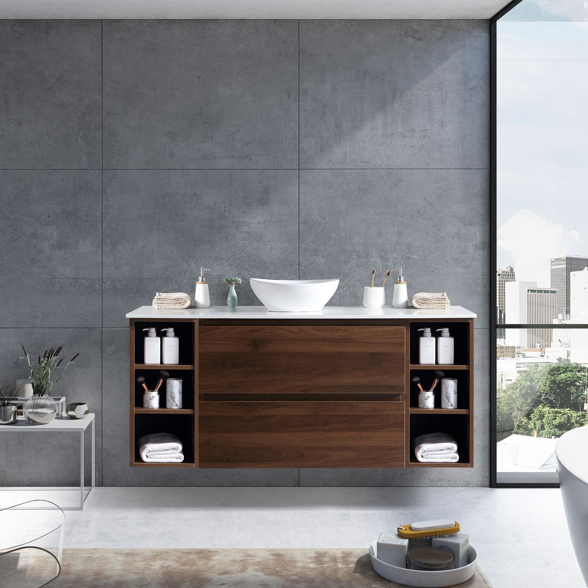MELA CLARK 1200 Wall Hung Vanity with 2 Drawers & 2 Open Shelves in Walnut, view 2