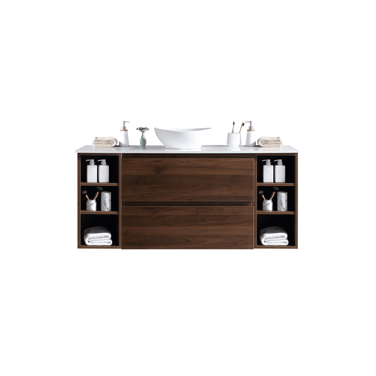 MELA CLARK 1200 Wall Hung Vanity with 2 Drawers & 2 Open Shelves in Walnut
