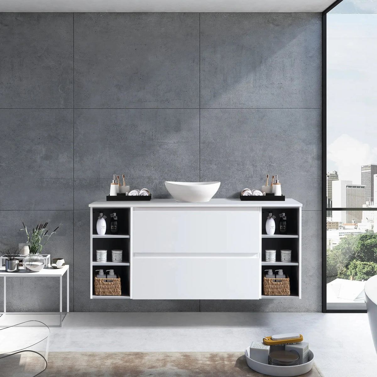 MELA CLARK 1500 Wall Hung Vanity with 2 Drawers & 2 Open Shelves in Gloss White, view 2