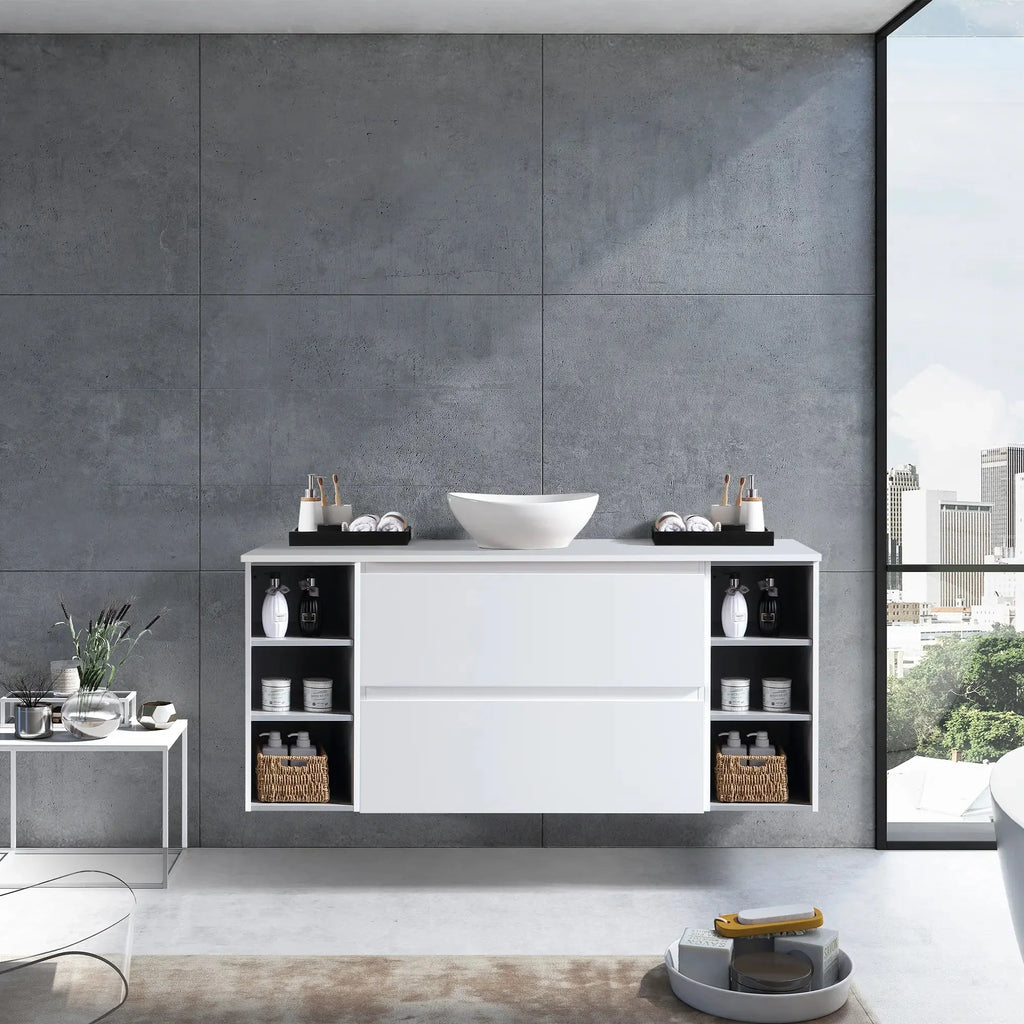 MELA CLARK 1200 Wall Hung Vanity with 2 Drawers & 2 Open Shelves in Gloss White, view 2