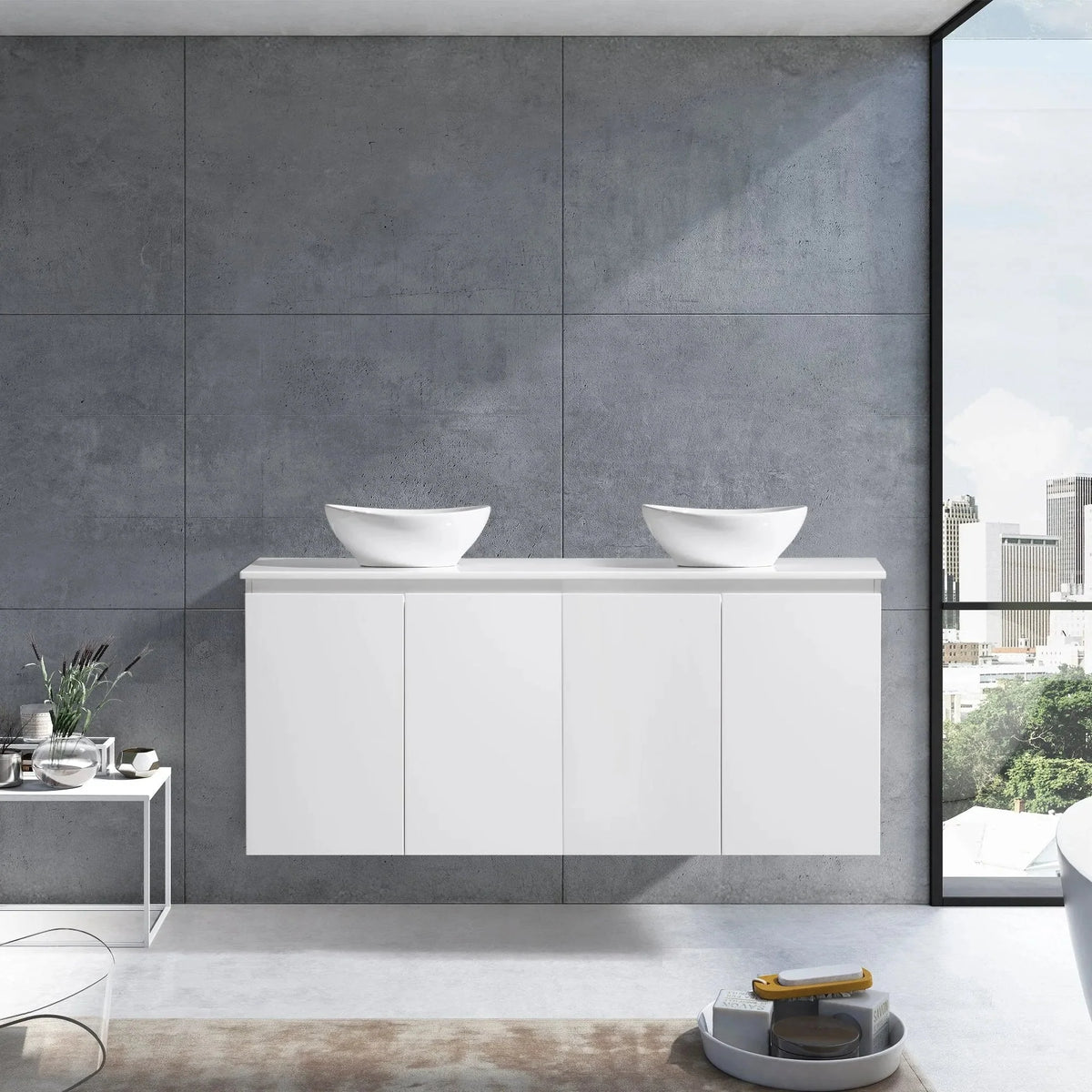 MELA CLARK 1500 Double Wall Hung Vanity with Doors in Gloss White, view 2