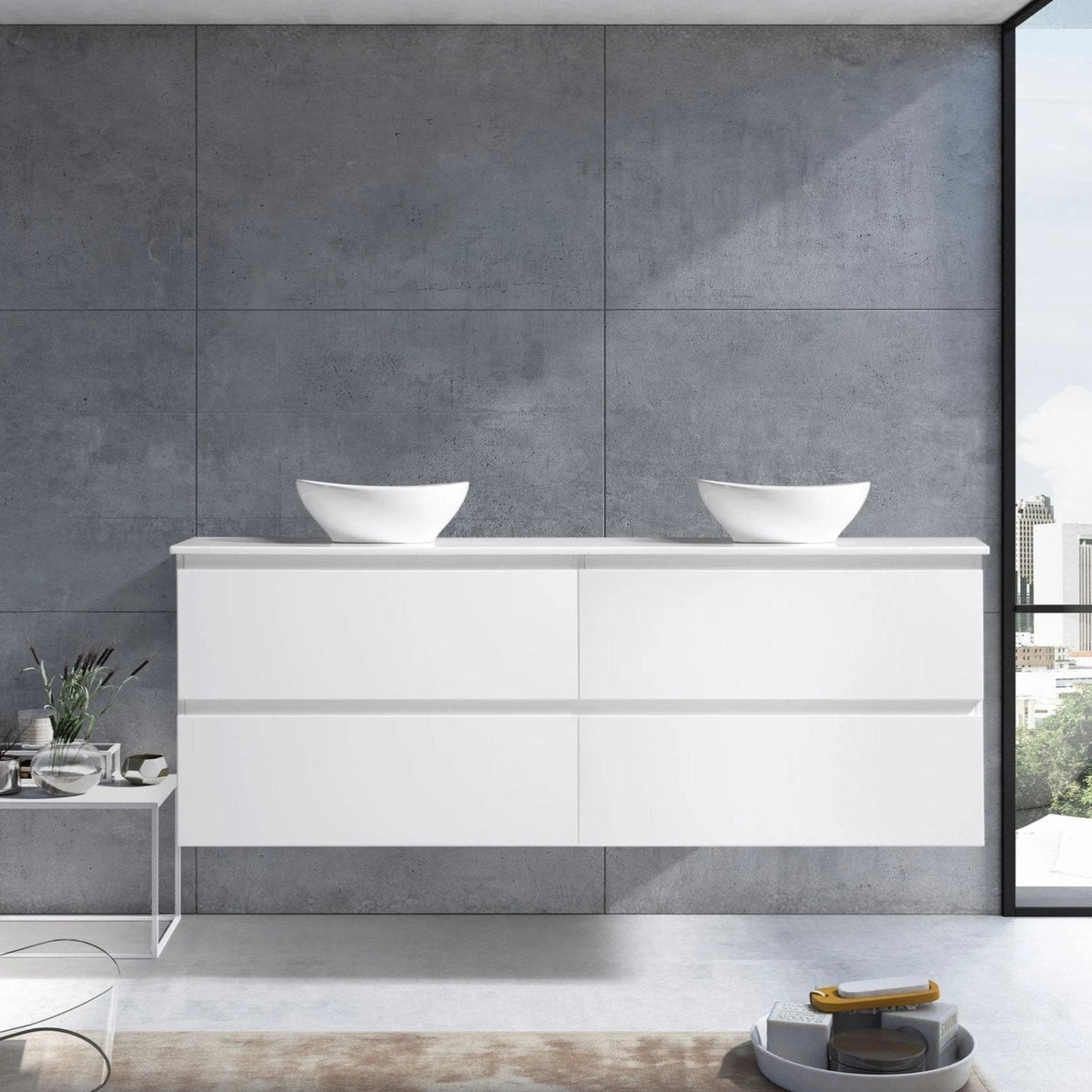 MELA CLARK 1500 Double Wall Hung Vanity with Drawers in Gloss White