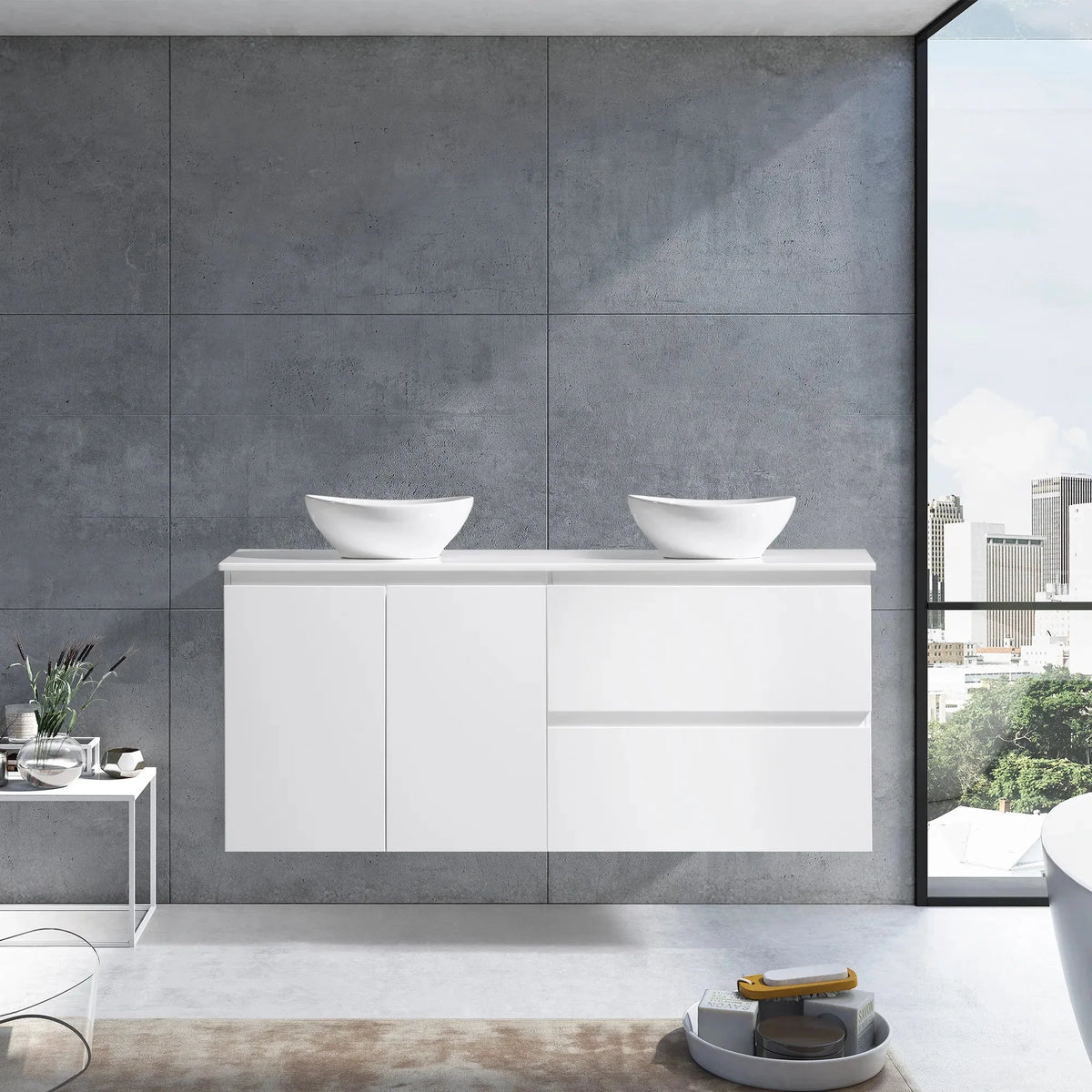 MELA CLARK 1500 Double Wall Hung Vanity with Doors & Drawers in Gloss White, view 2