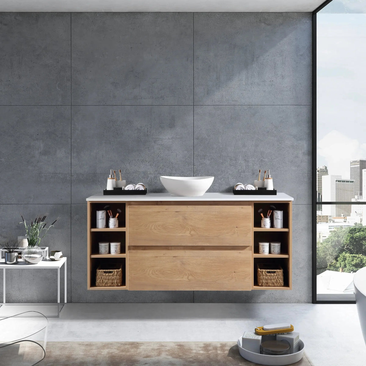 MELA CLARK 1500 Wall Hung Vanity with 2 Drawers & 2 Open Shelves in Snafell, view 2