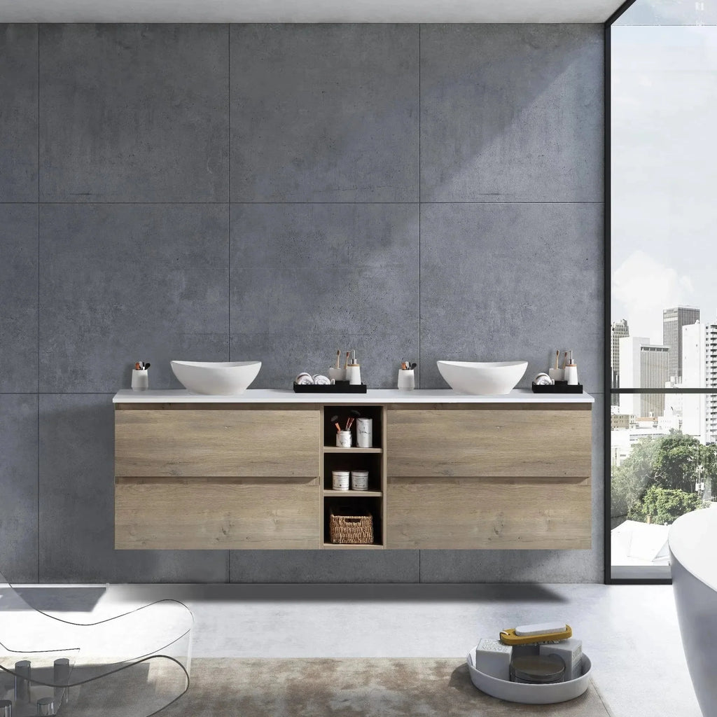 MELA CLARK 1500 Wall Hung Vanity with 4 Drawers & Open Shelves in Sorrento Oak, view 2