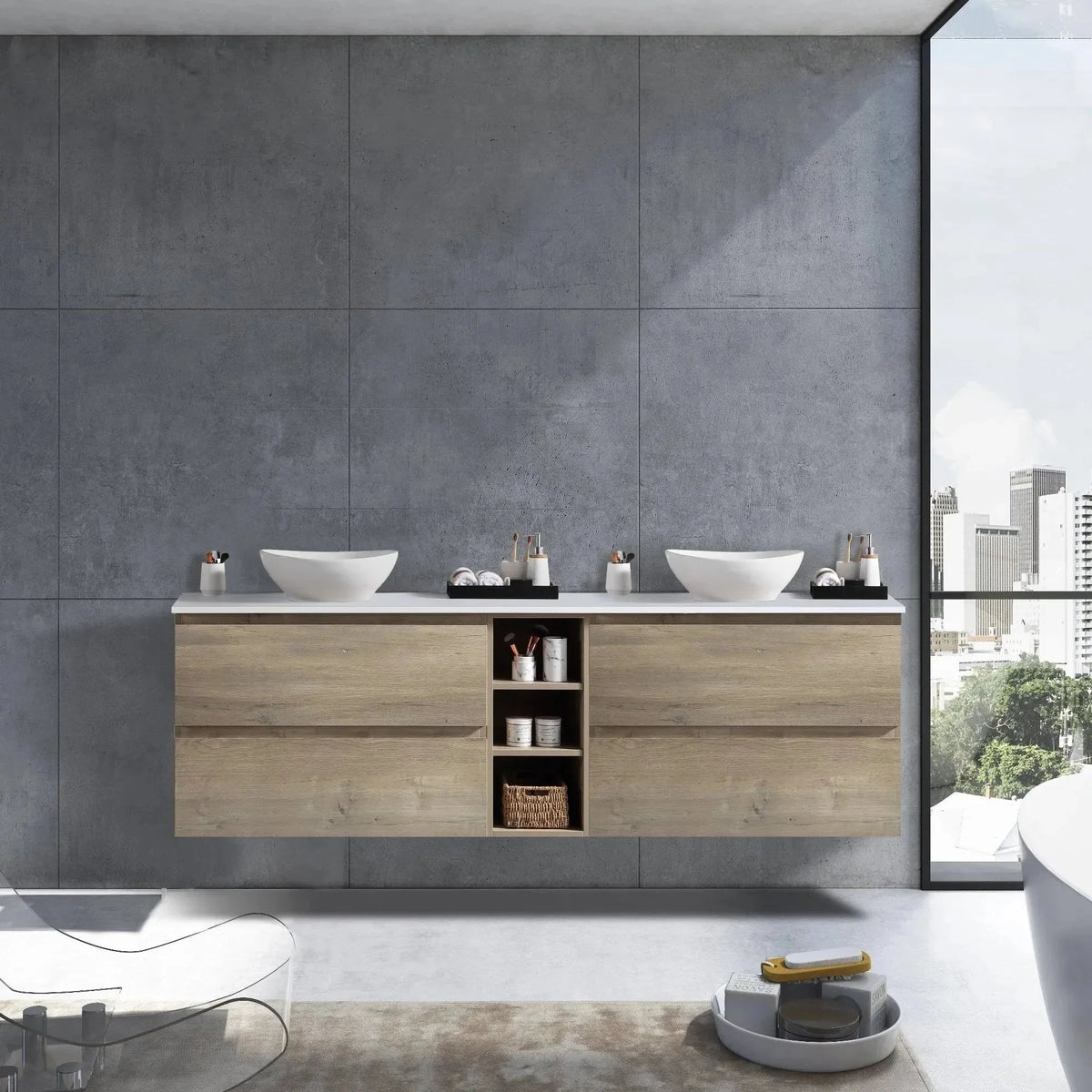 MELA CLARK 1500 Wall Hung Vanity with 4 Drawers & Open Shelves in Sorrento Oak, view 2