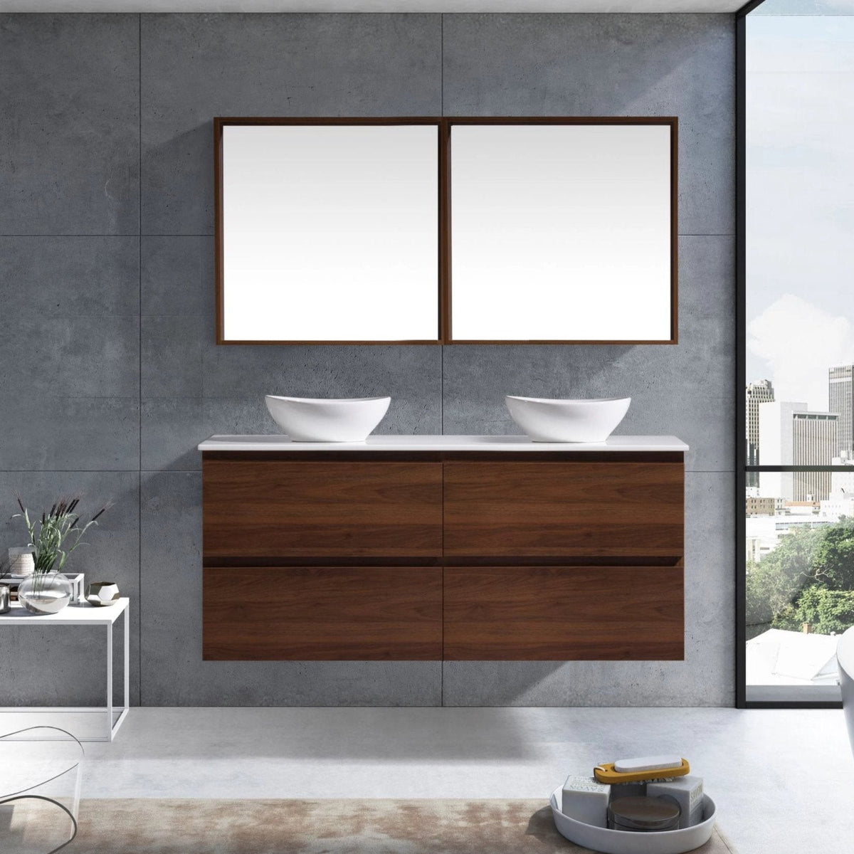 MELA CLARK 1500 Double Wall Hung Vanity with Drawers in Walnut