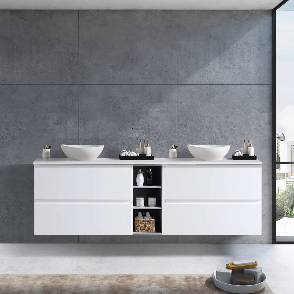 MELA CLARK 1500 Wall Hung Vanity with 4 Drawers & Open Shelves in Gloss White, view 2
