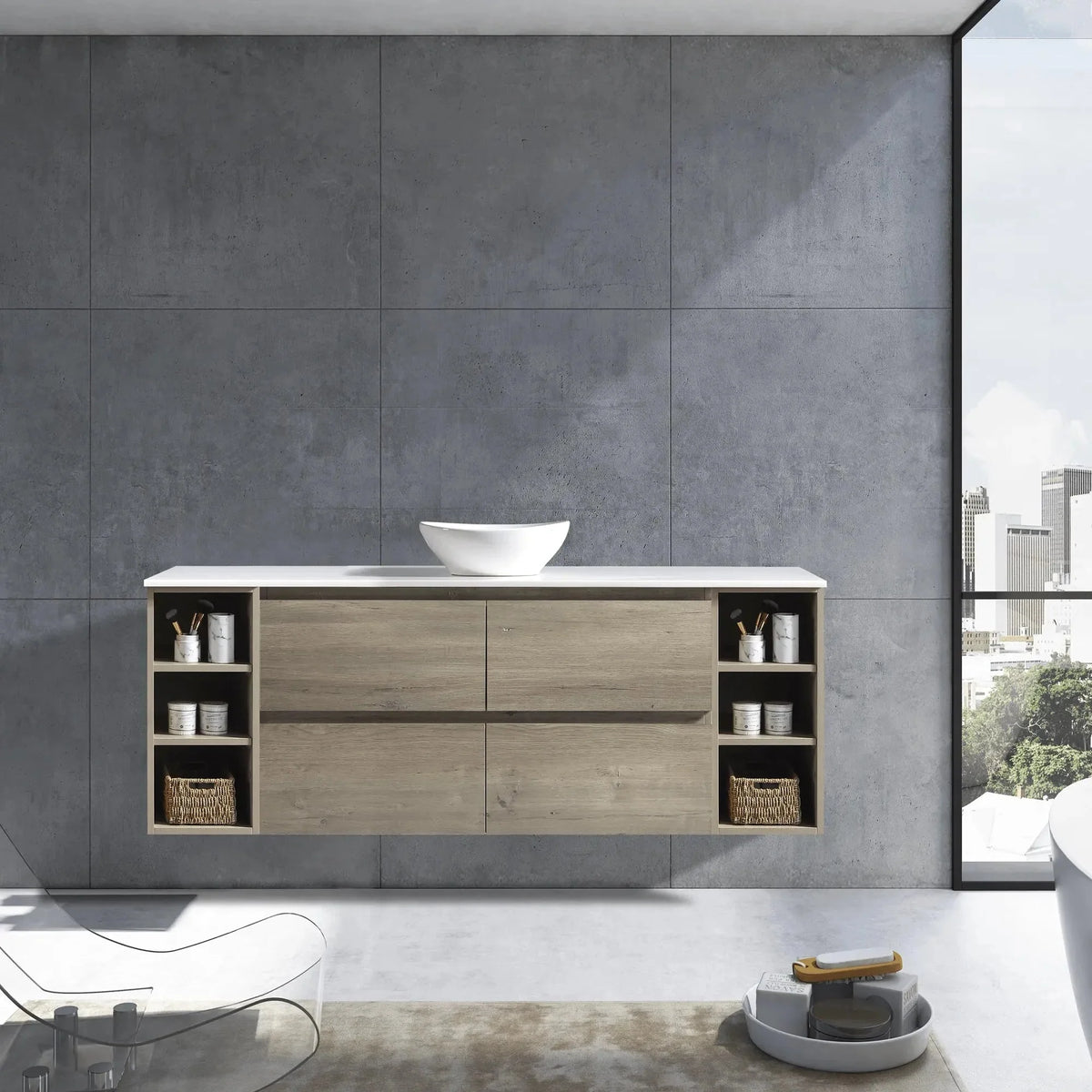 MELA CLARK 1800 Wall Hung Vanity with 4 Drawers & 2 Open Shelves in Sorrento Oak, view 2