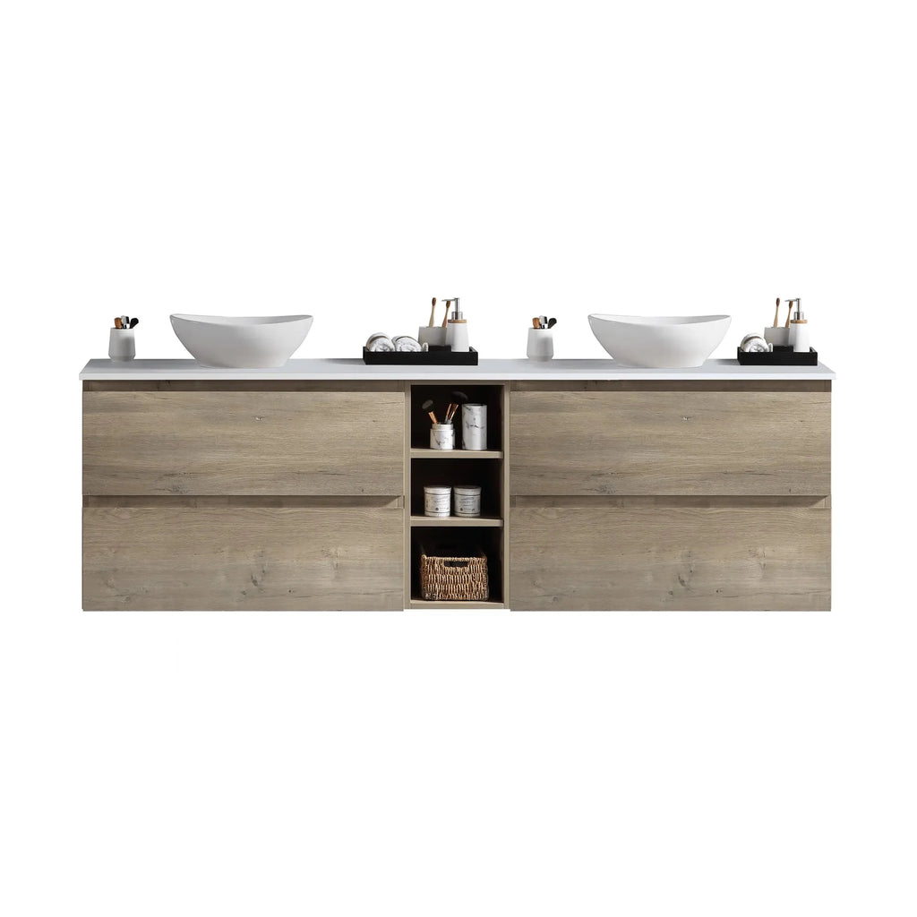 MELA CLARK 1800 Double Wall Hung Vanity with 4 Drawers & Centre Shelves in Sorrento Oak