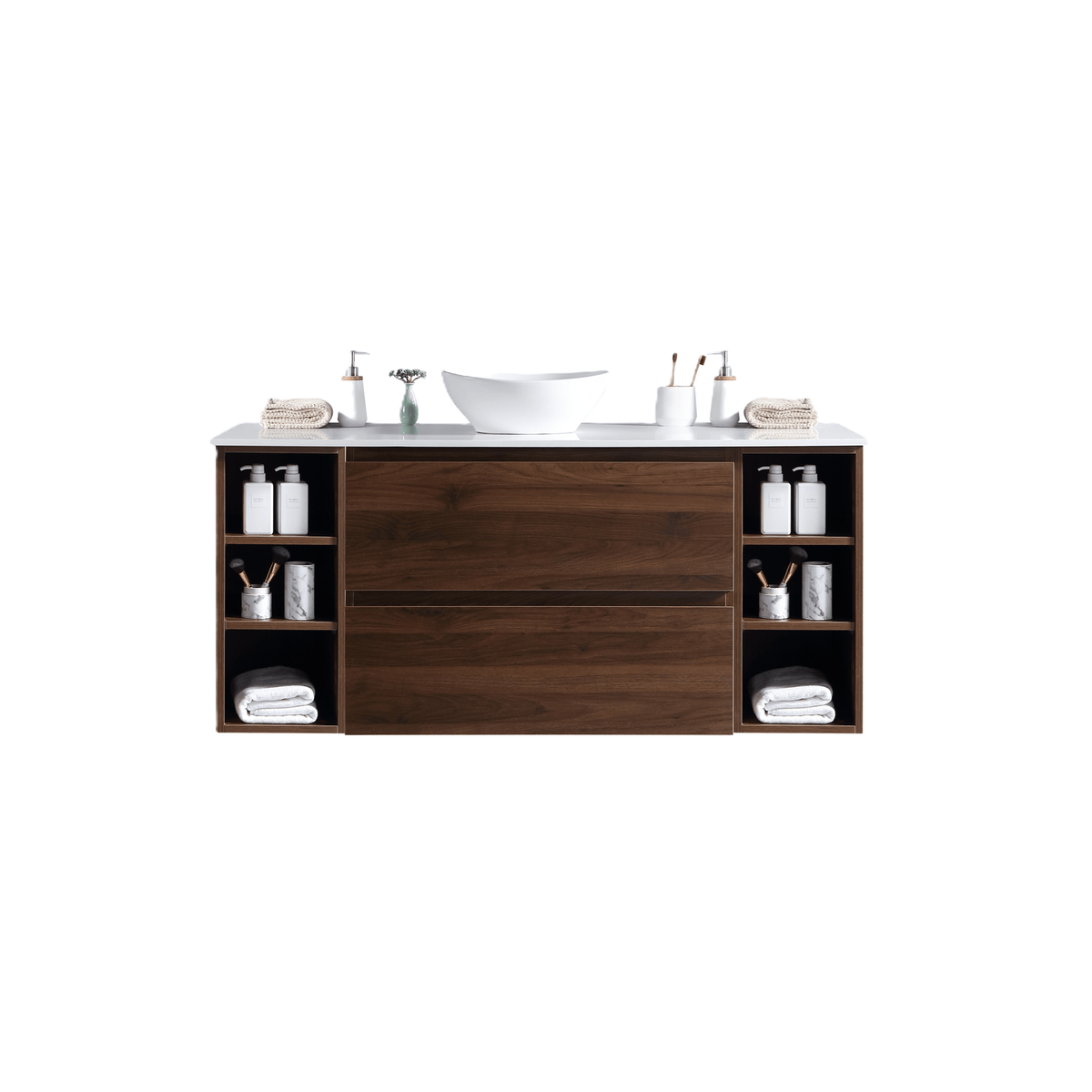 MELA CLARK 1500 Wall Hung Vanity with 2 Drawers & 2 Open Shelves in Walnut