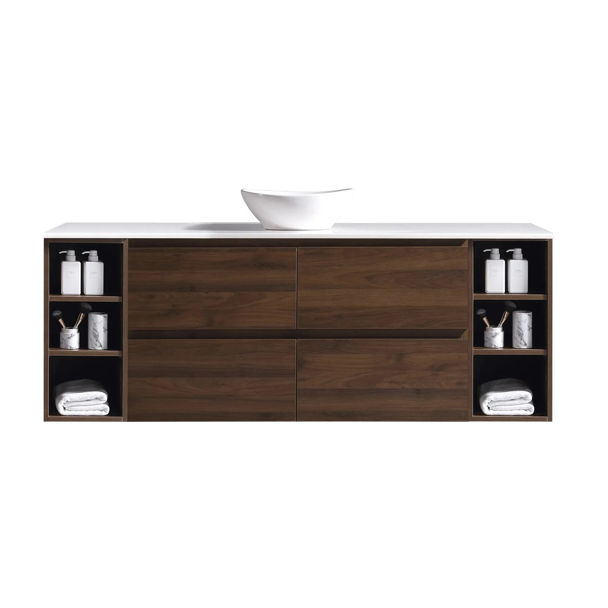 MELA CLARK 1800 Wall Hung Vanity with 4 Drawers & 2 Open Shelves in Walnut