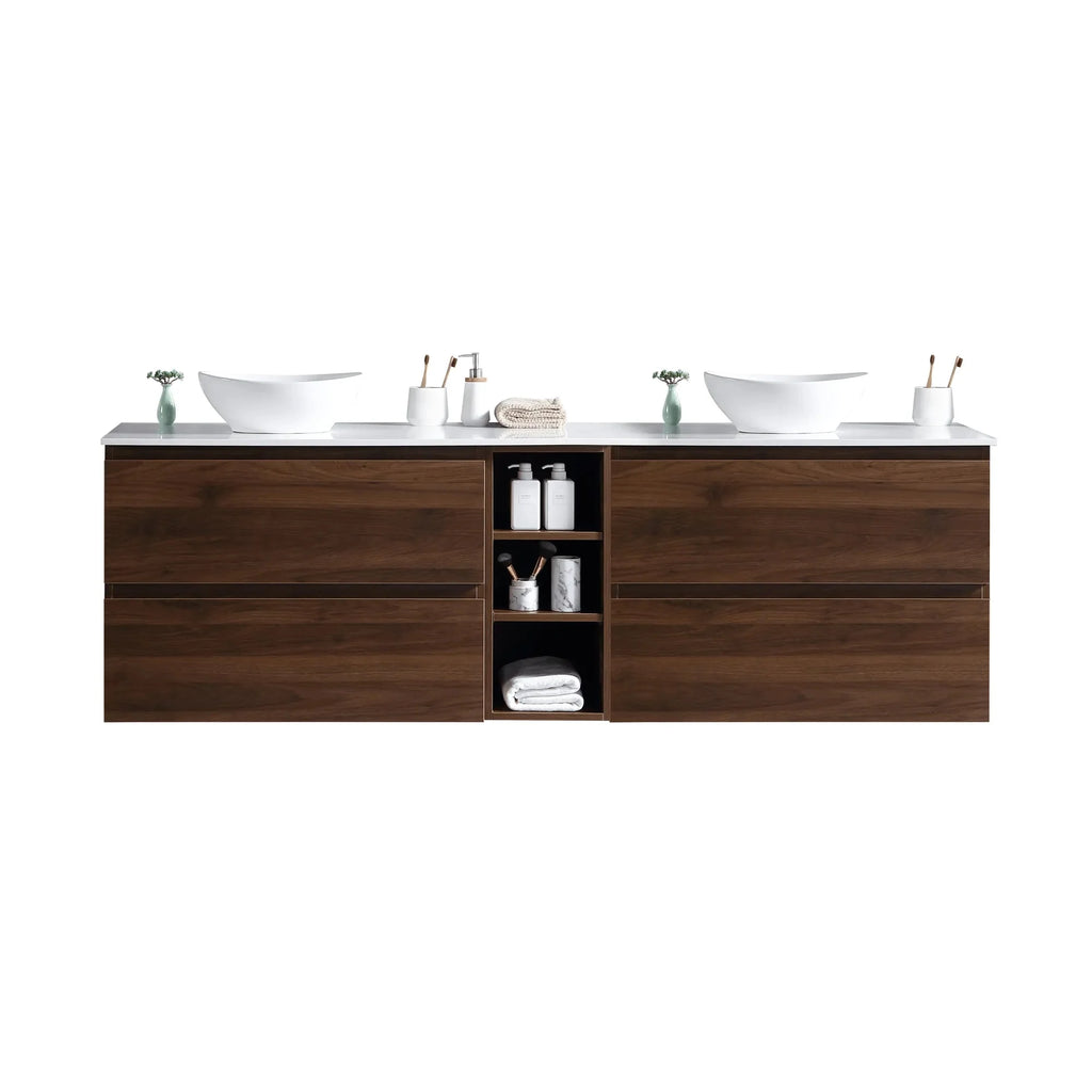 MELA CLARK 1800 Double Wall Hung Vanity with 4 Drawers & Centre Shelves in Walnut
