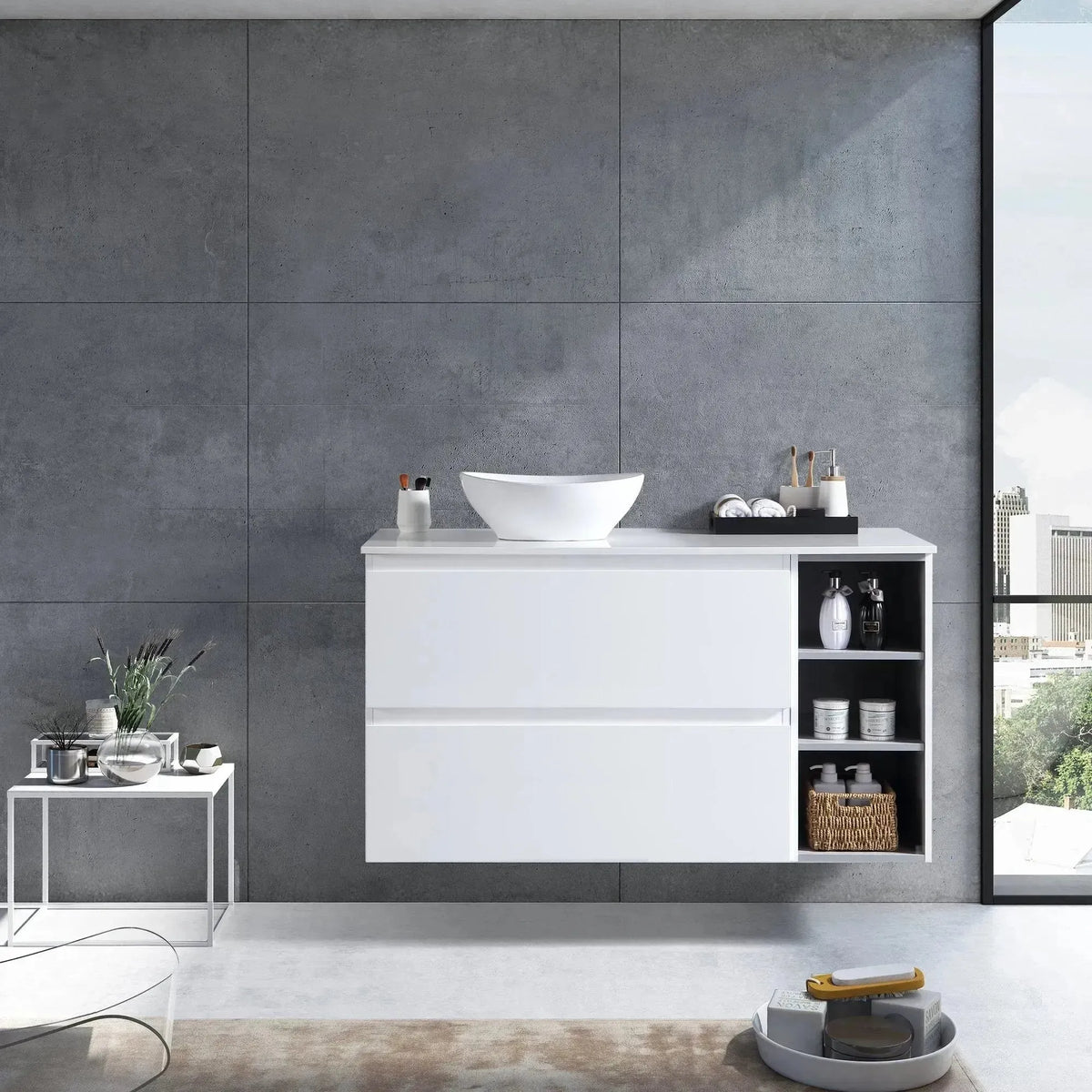 MELA CLARK 900 Wall Hung Vanity with 2 Drawers & Open Shelves in Gloss White, view 2