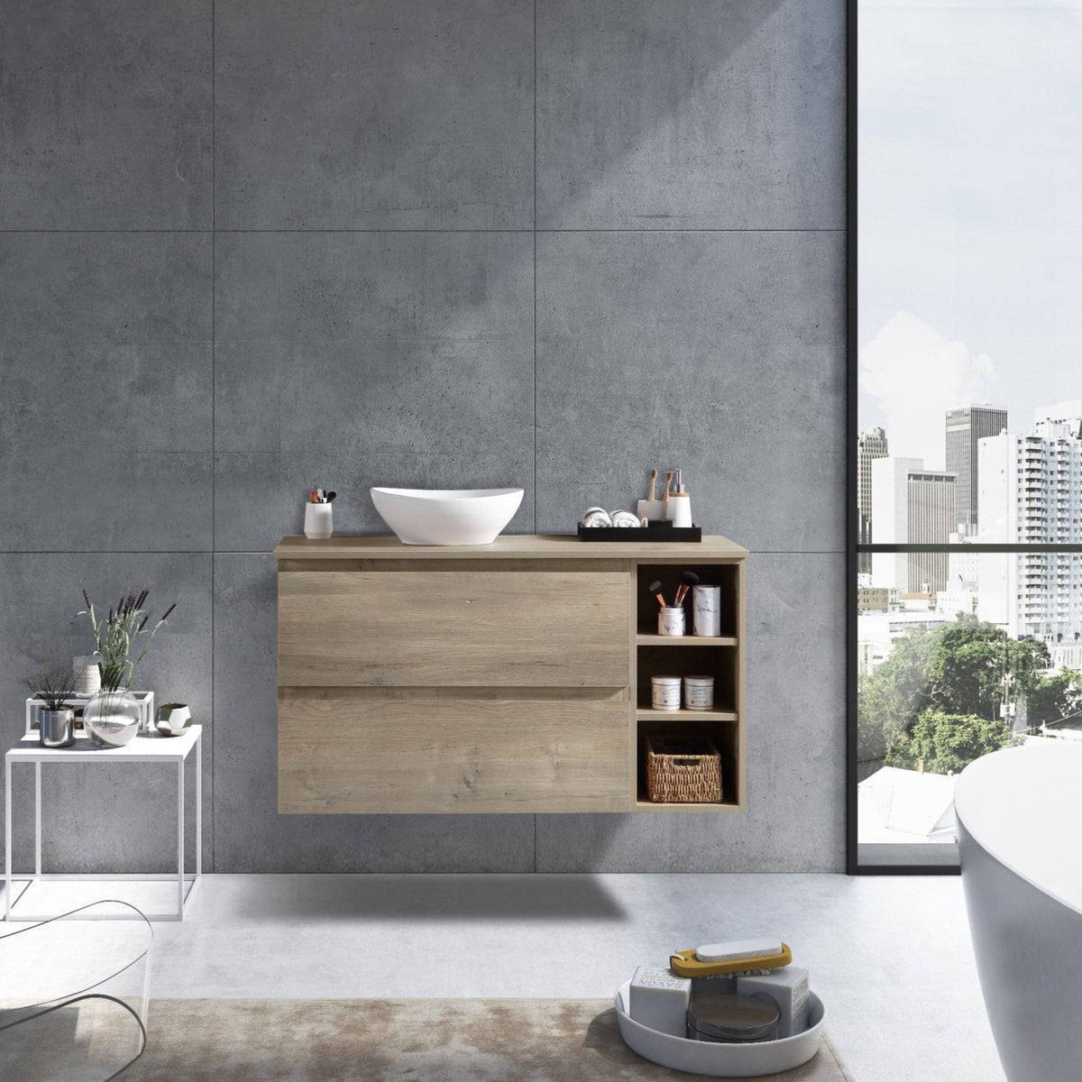 MELA CLARK 900 Wall Hung Vanity with 2 Drawers & Side Shelves in Sorrento Oak