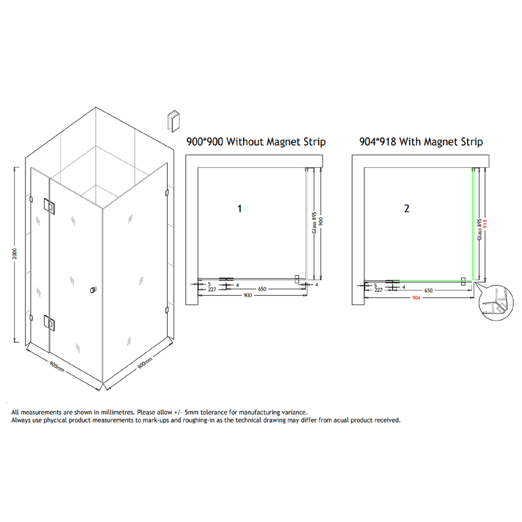 MELA MORRIS Frameless Corner Shower Screen in 900 x 900mm, view 2