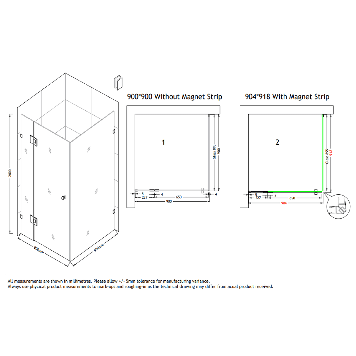 MELA MORRIS Frameless Corner Shower Screen in 900 x 900mm, view 2