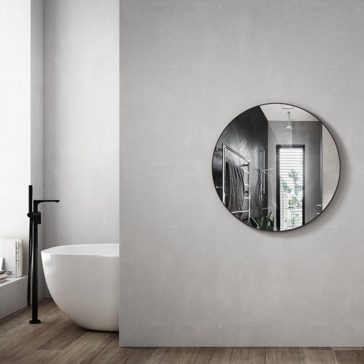 MELA SURI 900mm framed round mirror, Gun Metal
