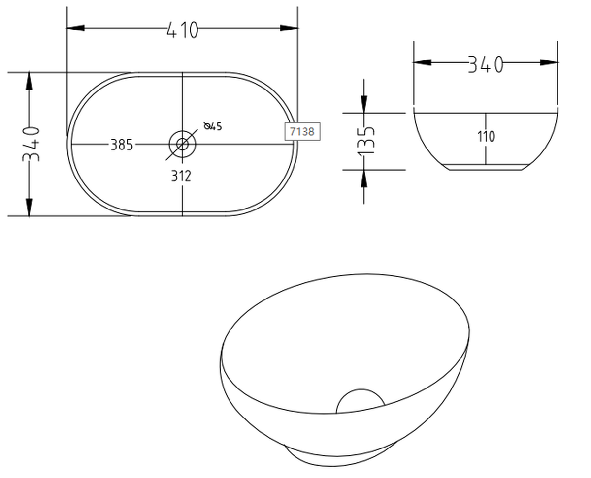 Mezzo above counter basin dimensions, 410 x 340 x 135 mm