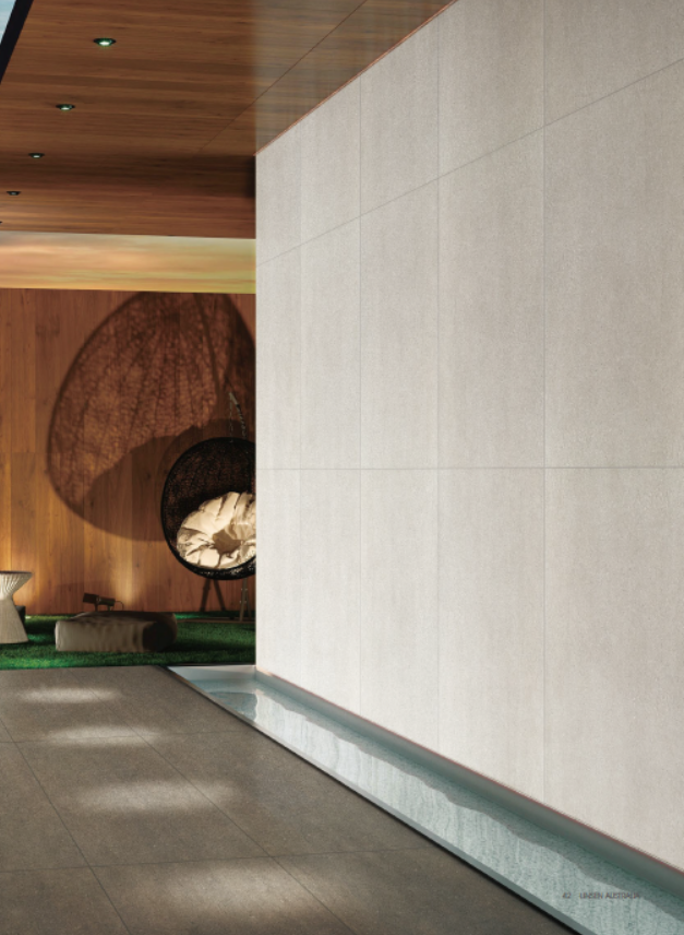 Particle Warm porcelain tile on a lobby floor