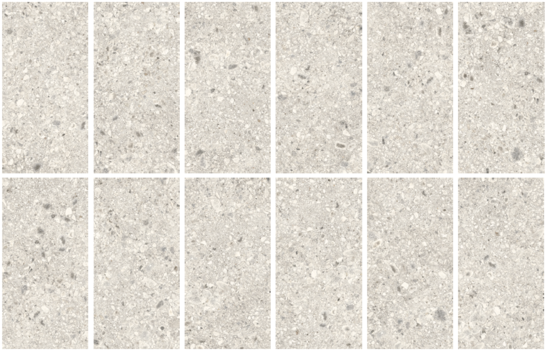 Terrazzo White 300 x 600 mm tiles, face variations