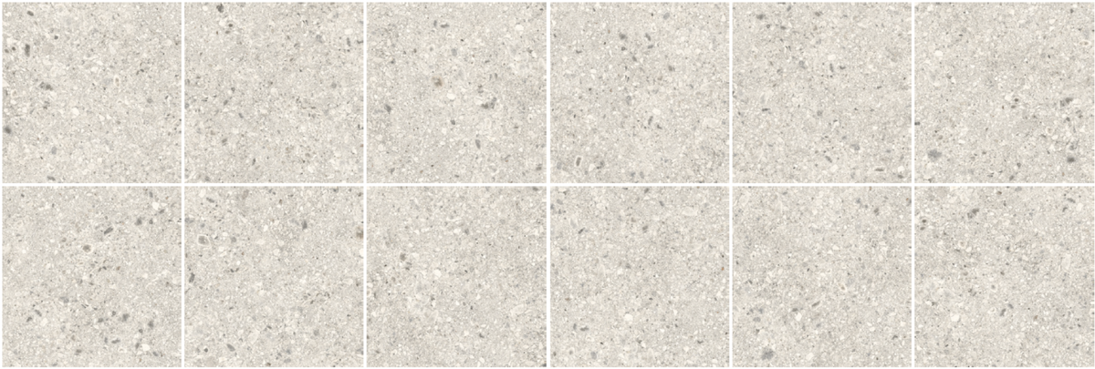 Terrazzo White 600 x 600 mm tiles, face variations