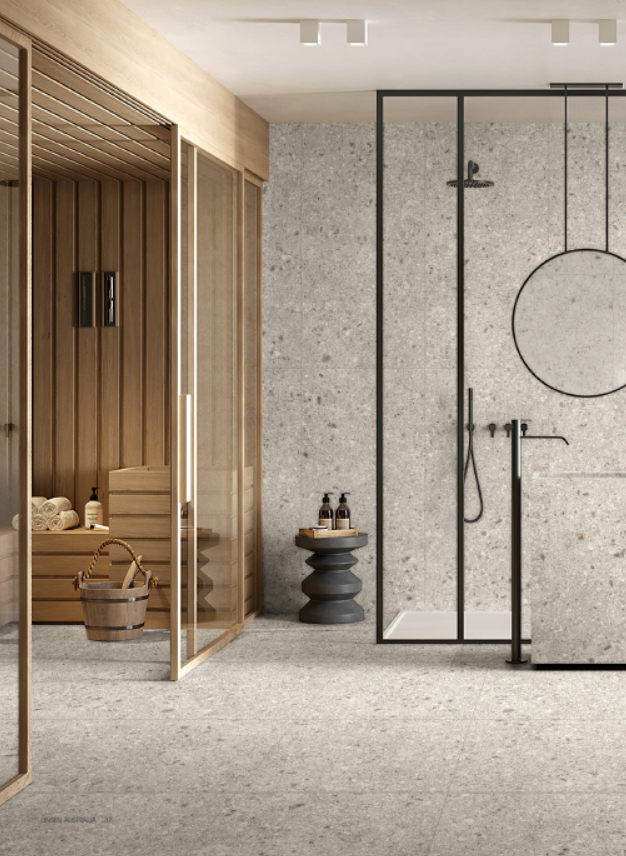 Terrazzo White porcelain tile in a bathroom